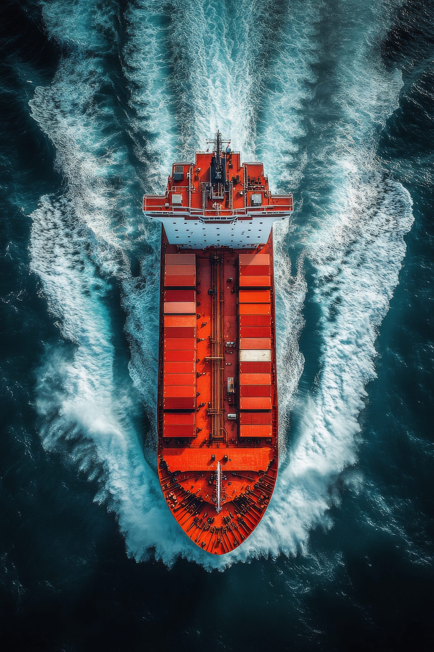 Aerial view of a cargo ship navigating through the ocean waves under bright sunlight